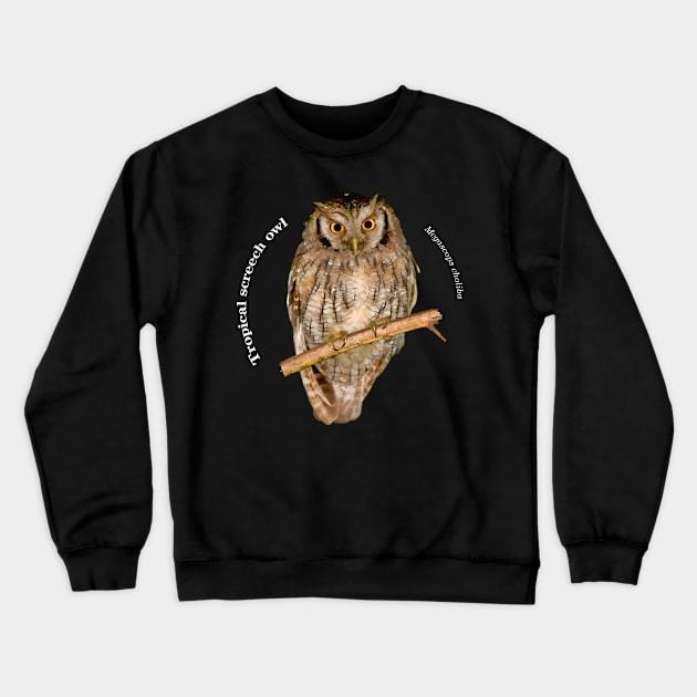 Tropical screech owl pin white text Crewneck Sweatshirt by Ornamentum